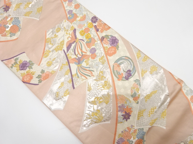 アンティーク　熨斗に花鳥模様織り出し刺繍袋帯（材料）